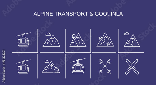 Alpine Transport and Skiing Icons.