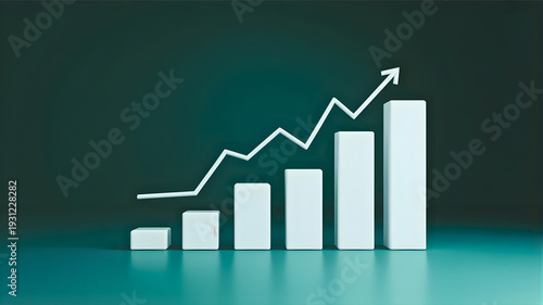 3D Bar Chart Showing Upward Trend with Arrow Indicating Growth and Success