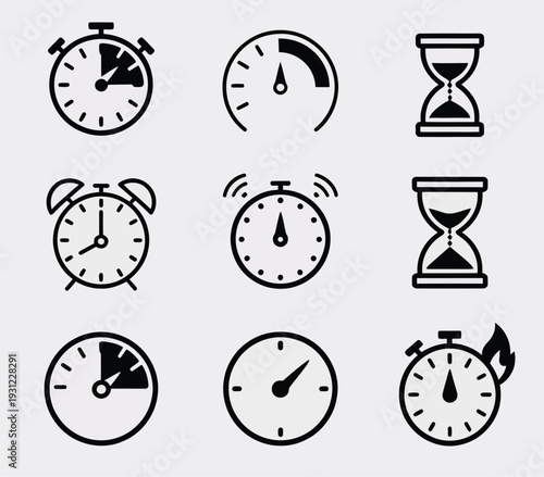 Black and White Timer and Clock Icons Set,
