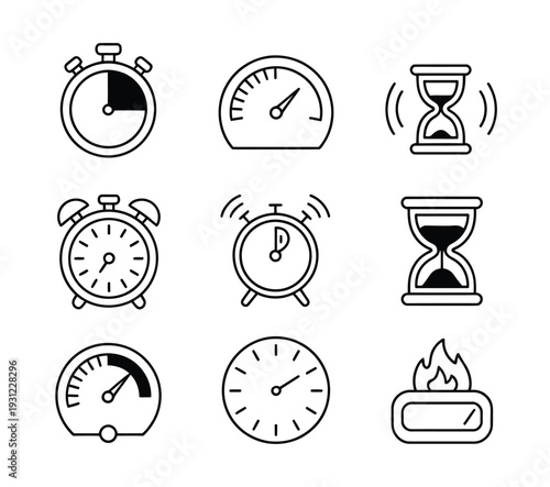 Black and White Timer and Clock Icons Set, vector illustration collection showing time concepts, stopwatch symbols, alarm clocks, countdown timers, wall clocks,