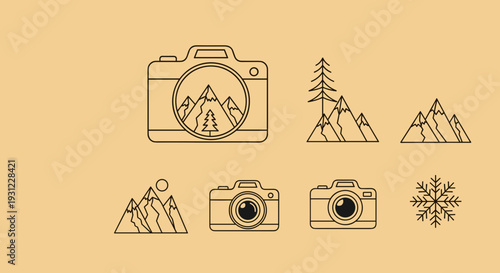 Camera icons with mountain views.