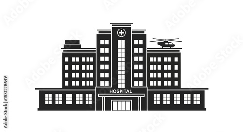 Hospital Building Icon with Helipad and Helicopter