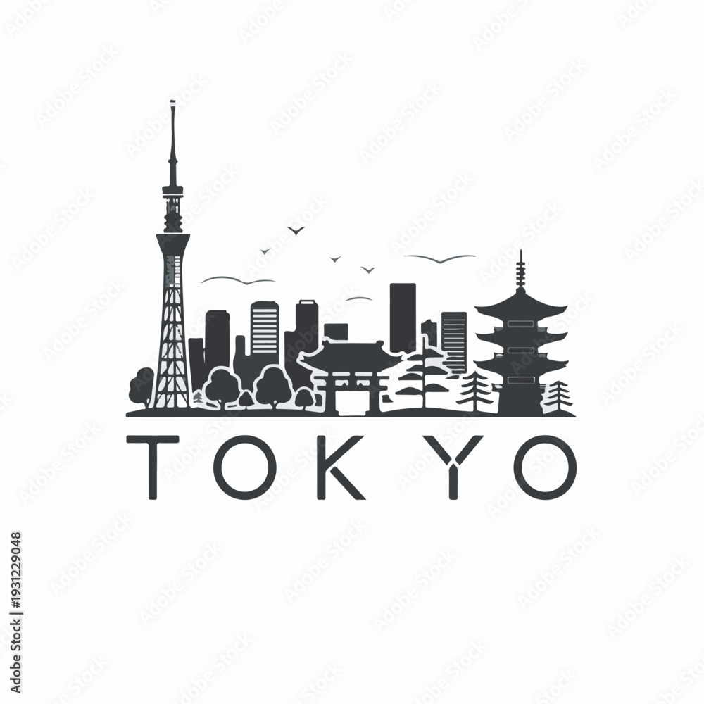 Obraz premium Iconic silhouette graphic of the Tokyo skyline featuring the Skytree, ancient pagoda, and modern buildings, symbolizing urban development, global travel, and rich Japanese heritage