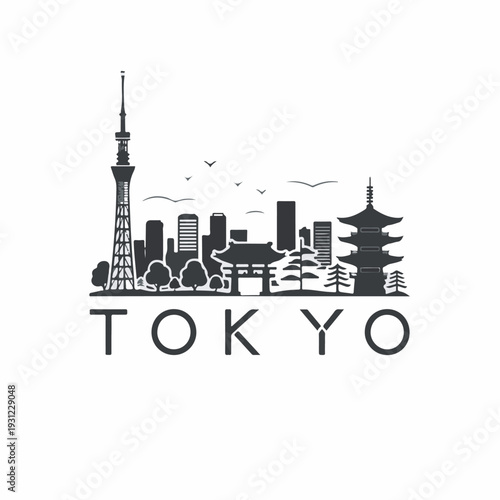 Iconic silhouette graphic of the Tokyo skyline featuring the Skytree, ancient pagoda, and modern buildings, symbolizing urban development, global travel, and rich Japanese heritage