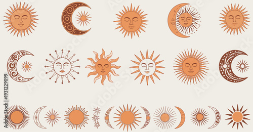 Boho Ethnic Celestial Sun and Moon Icons, vector illustration collection showing sun and moon motifs, sleeping faces, astrology signs, magical cosmic symbols, mystical celestial elements, flat vector 