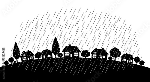 A quaint village nestled under a heavy rain shower, depicted in a charming silhouette style with falling raindrops creating a somber yet picturesque scene
