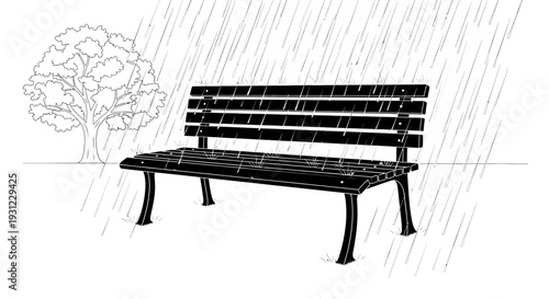 A quiet park bench stands alone amidst a continuous downpour, an illustrative monochrome scene depicting a moment of solitude and reflection in an outdoor public space