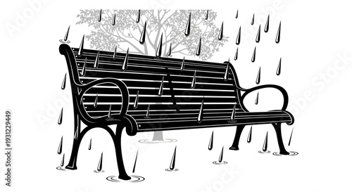 A solitary park bench stands weathered under a gentle, rhythmic rainfall, creating a serene and contemplative monochrome scene where droplets reflect a quiet moment in nature
