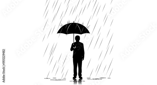 Man standing under an umbrella in the rain with water reflections on the ground, monochrome illustration