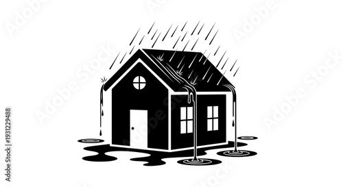 Illustration of a house experiencing heavy rain with water pooling around its foundation, symbolizing potential flooding or water damage