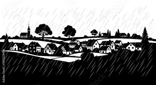 A tranquil black and white illustration depicting a peaceful village nestled in rolling hills, with rain gently falling, creating a serene and contemplative rural landscape scene