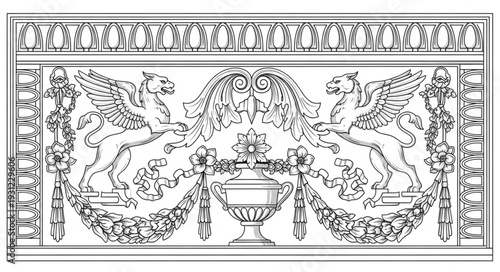 Ancient Greek mythological creatures griffins and ornate floral decorations.