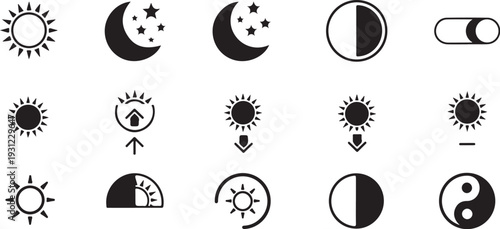 Set of icons representing day and night, sun, moon, stars, brightness control, and cycles. Includes simple vector graphics for UI design.
