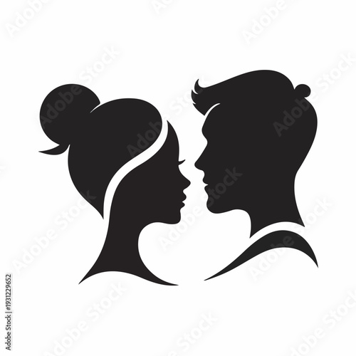Vector illustration of male and female profiles in silhouette, depicting an emotional bond, couple's connection, and romantic relationship
