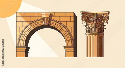 Ancient Roman Arch and Corinthian Column Illustration.
