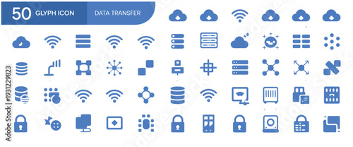 Cloud data transfer and network icons set