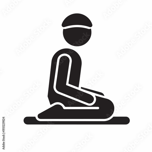 Simple vector graphic of a person kneeling in a reverent posture with a head covering, symbolizing prayer, spiritual devotion, meditation, and quiet contemplation