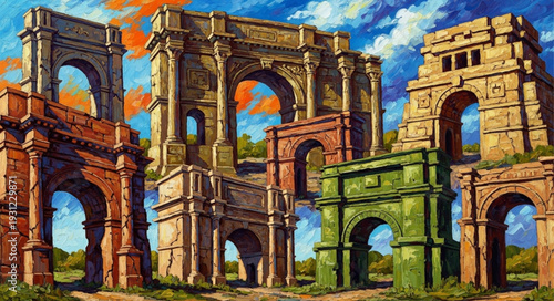 Ancient Roman Arches and Ruins Under a Dramatic Sky.