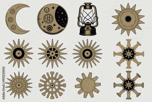 Collection of Brass Steampunk Symbols with Gears and Celestial Themes, vector illustration set featuring mechanical cogs, vintage clockwork elements, planetary motifs, and decorative steampunk-inspire