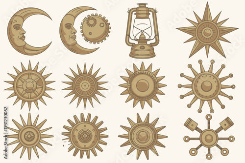 Collection of Brass Steampunk Symbols with Gears and Celestial Themes, professional vector pack showing vintage mechanical gears, celestial objects, clockwork machinery, 