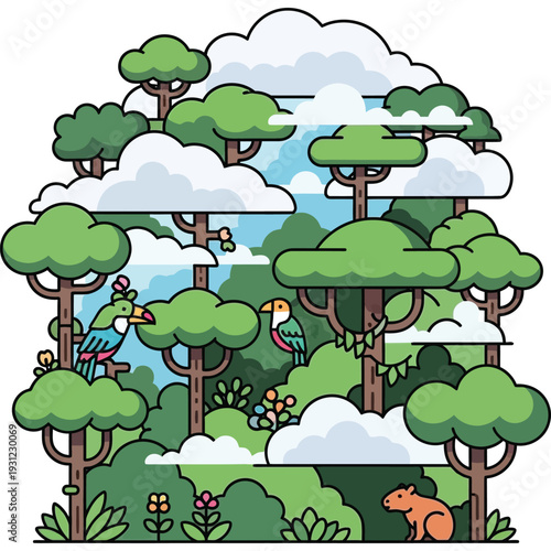 Lush forest scene with toucans and capybara