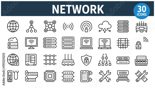 Network icons for technology, security, and data transfer