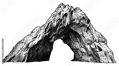 Majestic stone arch mountain formation drawn in vintage engraving style for outdoor theme