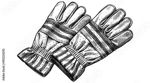 Protective work gloves with textured grip and reinforced stitching in vintage sketch style