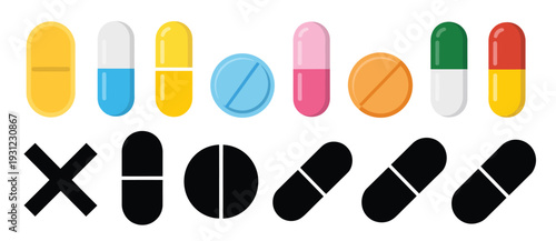 Collection of Colorful Pills Vector Icons, professional vector pack showing capsules, tablets, and pill designs, healthcare and medical symbols, isolated vector illustrations for medicine, pharmacy,