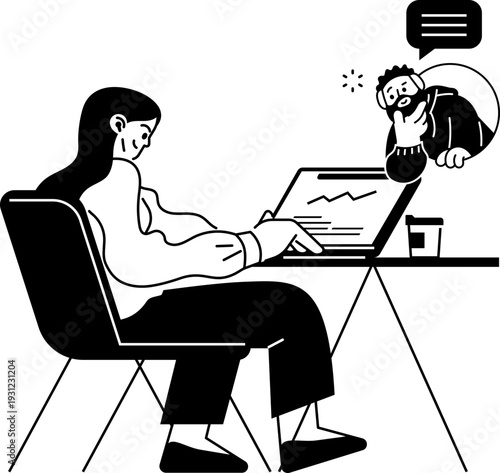 two colleagues collaborating on laptop, hybrid work and remote working concept, team brainstorming illustration