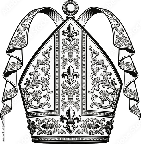 Ornate Gothic Bishop Mitre Hat Vector with Fleur-de-Lis Lappets Intricate Filigree Patterns and Central Ornament Emblem