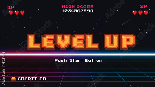 Pixel art game level up background.Video game level up background. Retro 8 bit video game interface with You Win text, computer game level up background.	
