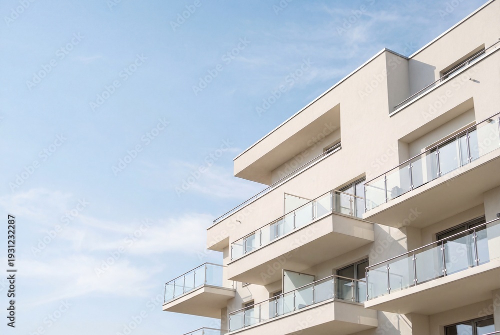 Naklejka premium Modern off white apartment building exterior with glass balconies under blue sky