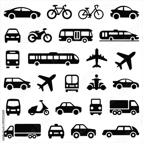 Diverse collection of transportation vehicles icons featuring cars, buses, bicycles, and airplanes