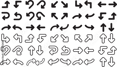 Brush, marker drawn bold arrows set. Way direction arrow sign. Road navigation arrows. Driving direction mark Way vector icon illustration