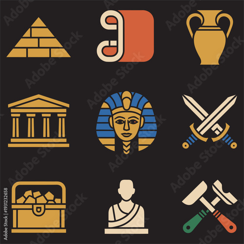 Ancient egypt history icons set, flat style illustrations featuring pyramids, scrolls, pottery, and sphinx