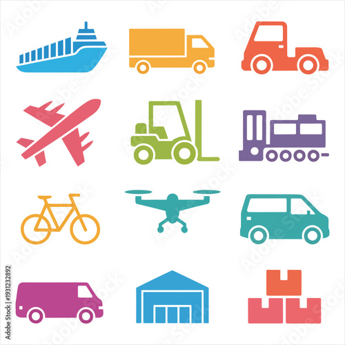 Logistics and transportation icons showing various delivery vehicles