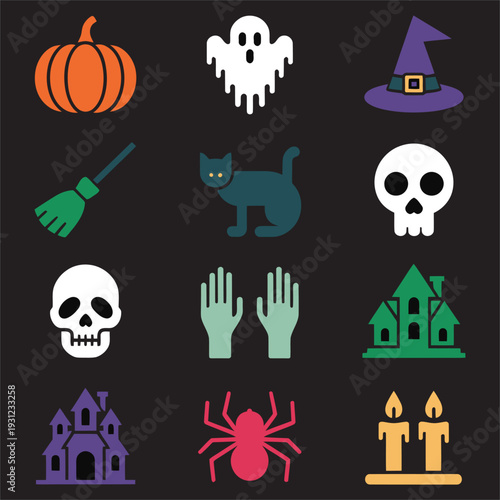 Halloween spooky flat icons set with pumpkin ghost witch hat skull black cat and haunted house