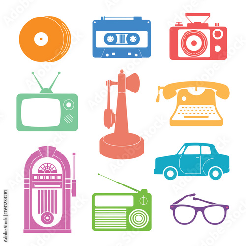 Vintage retro object icons set with vinyl record cassette tape film camera television jukebox and classic car