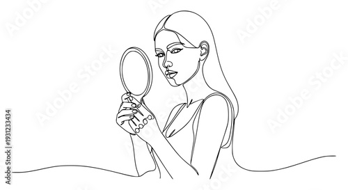 Elegant Woman Looking into Hand Mirror Continuous One Line Drawing, Minimalist Skincare Self Love Vector Art