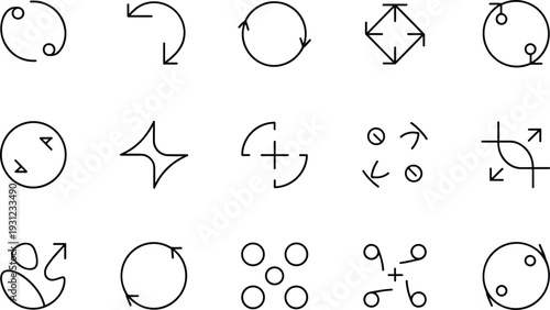 Collection of black and white circular and arrow symbols on a white background circular symbols geometric shapes