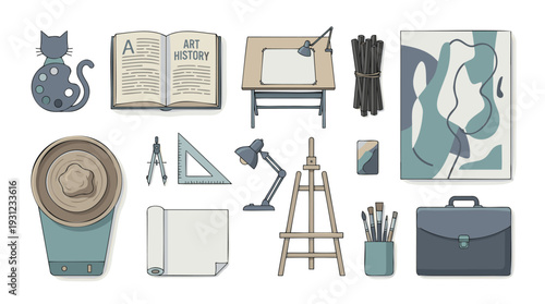 Art studio equipment for creative projects & artistic learning, Art & Creative Education, Flat outline design with muted color palette, Vector illustration, isolated on white