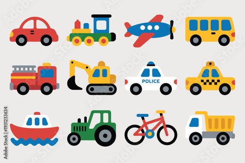 Colorful Cartoon Vehicles for Kids, vector pack showing fun cars, trucks, buses, and transport icons, bright and cheerful illustrations perfect for kids’ apps, classroom materials, toys, and playful 