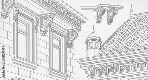 Architectural Drawing of Ornate Building Facade Details.