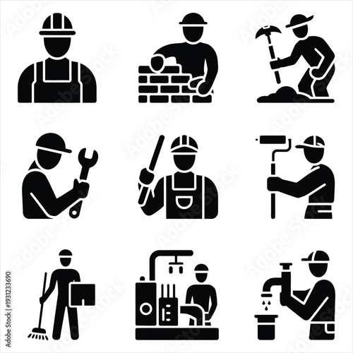 Set of construction workers and various manual labor job icons in solid black style on white background