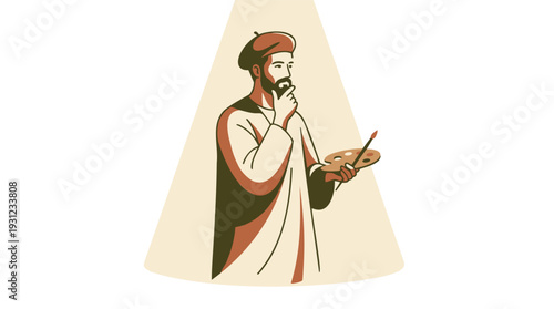 Thoughtful Artist Man Holding Paint Palette and Brush, Representing Artistic Creativity & Inspiration, Minimalist Flat Design with Earth Tones, Isolated Vector Illustration