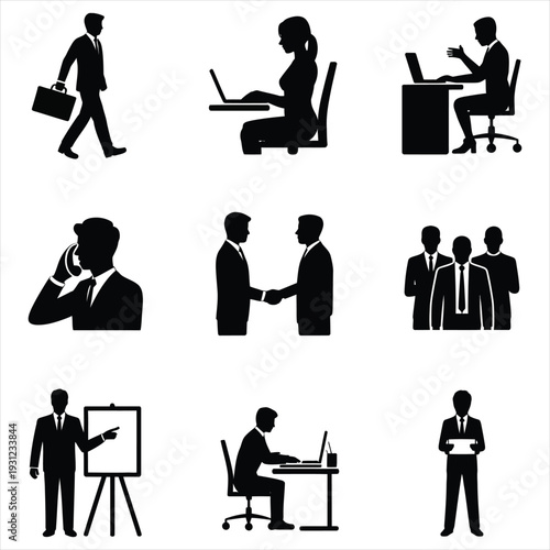 Corporate workflow and office management silhouette icons