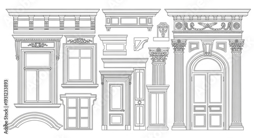 Architectural Facade Elements Drawing of Doors and Windows.