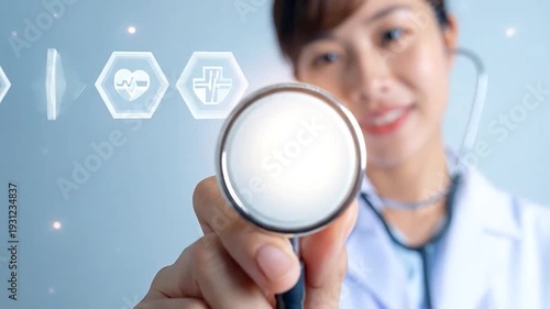 A female doctor holds a stethoscope, surrounded by glowing healthcare icons.
