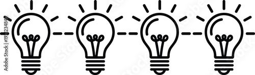 Four black and white light bulbs with rays of light above dashed lines idea